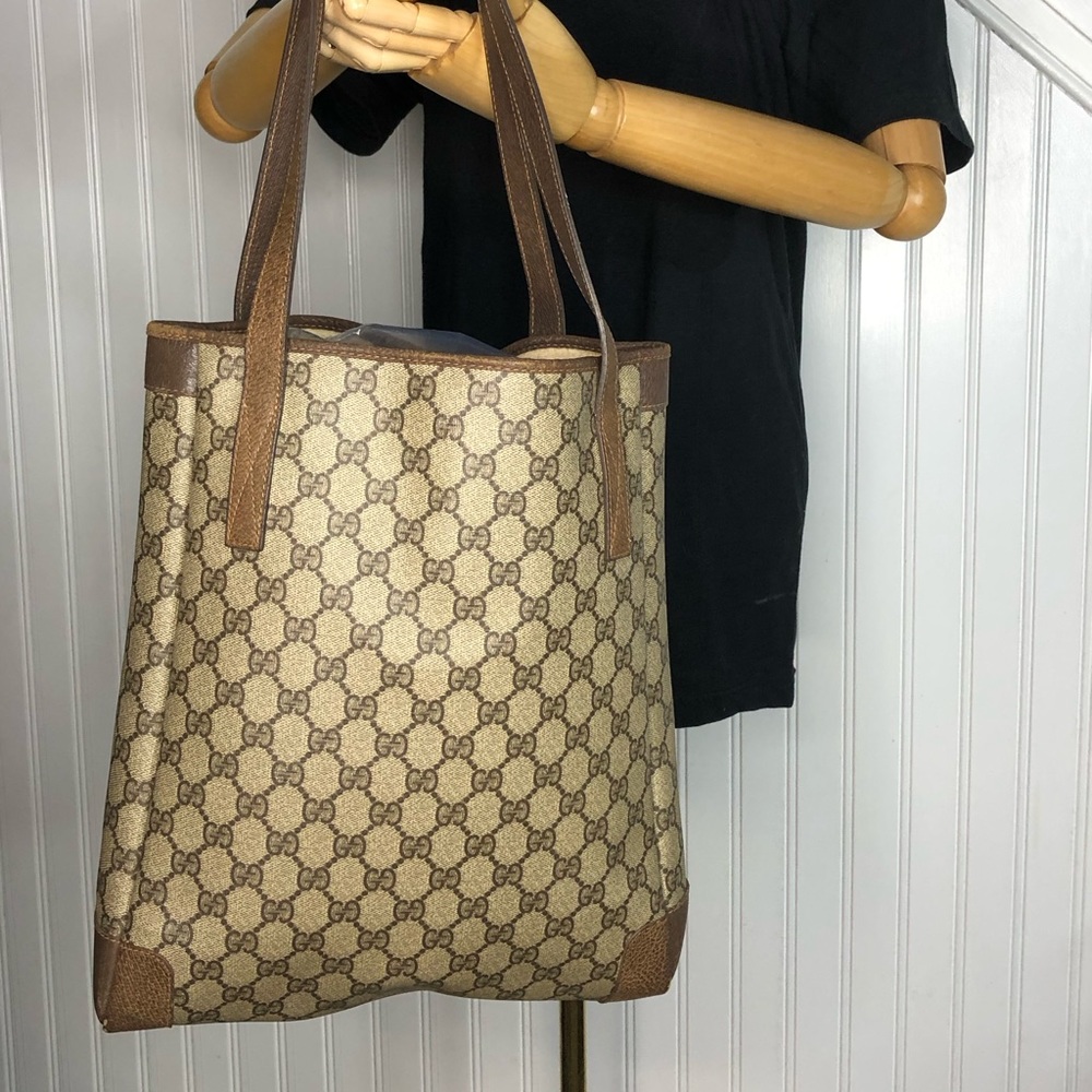 Vintage GUCCI GG Supreme Shoulder Bag Brown Leather Handles & Leather Corners - Picture 4 of 16